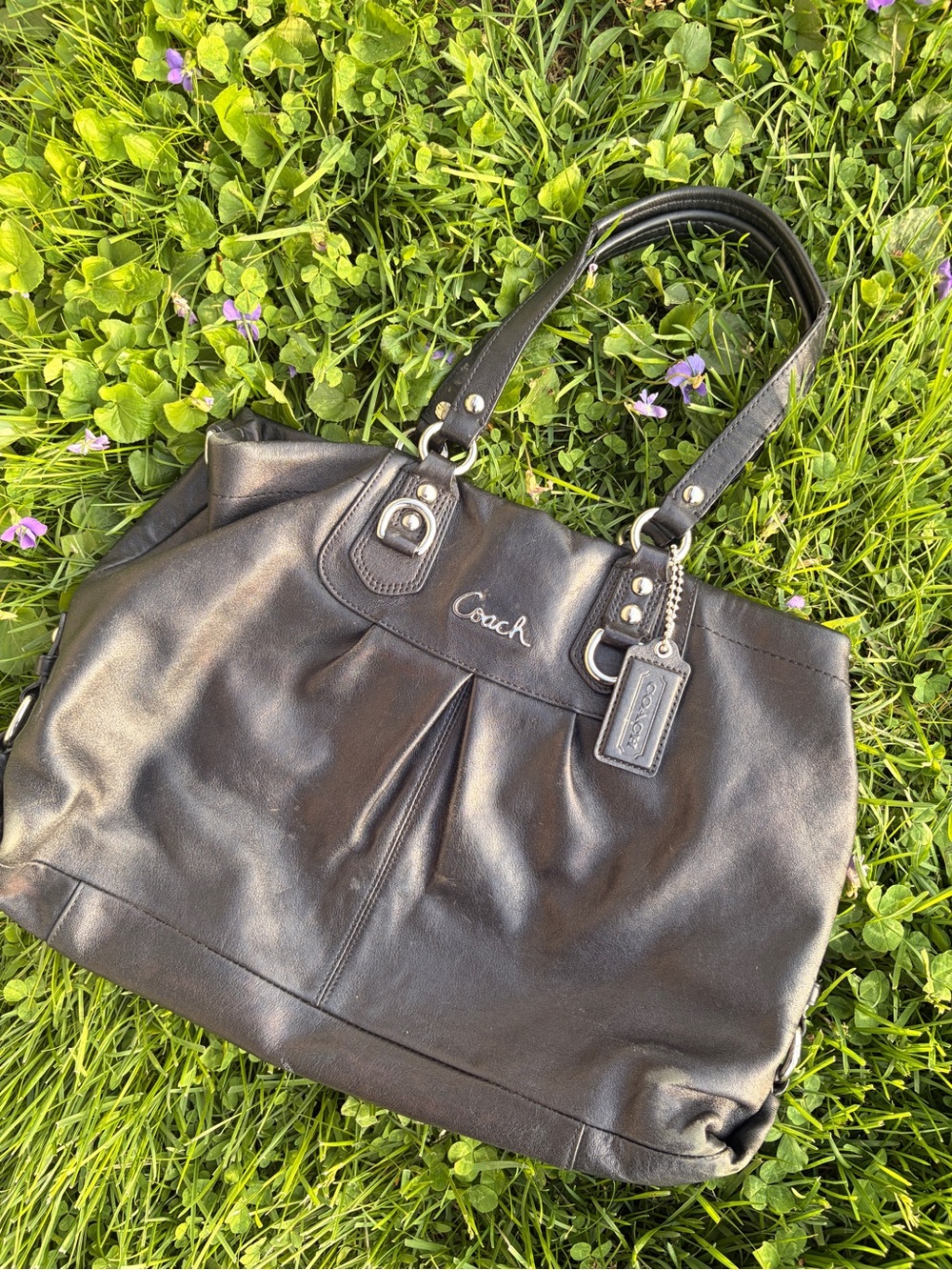 Coach Black Leather Tote with Signature Tag